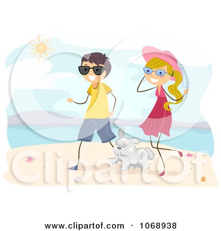 Clipart Stick Couple Walking Their Dog On A Beach - Royalty Free Vector Illustration by BNP Design Studio