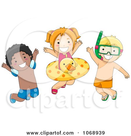 Clipart Three Summer Kids With Swimming Gear - Royalty Free Vector Illustration by BNP Design Studio