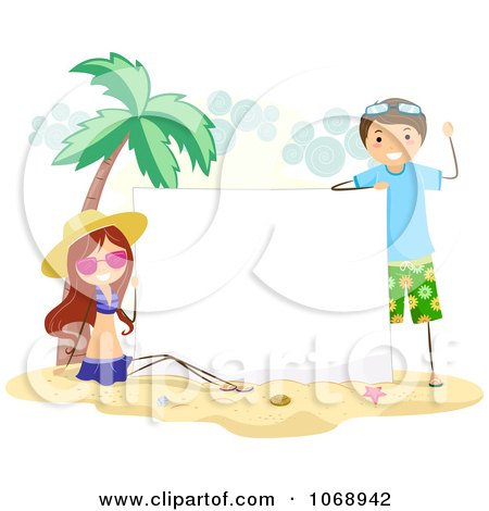 Clipart Summer Kids With A Blank Sign On A Beach - Royalty Free Vector Illustration by BNP Design Studio