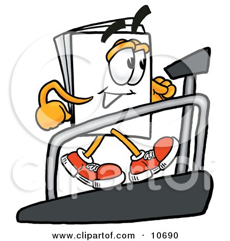 Clipart Picture of a Paper Mascot Cartoon Character Walking on a Treadmill in a Fitness Gym by Mascot Junction
