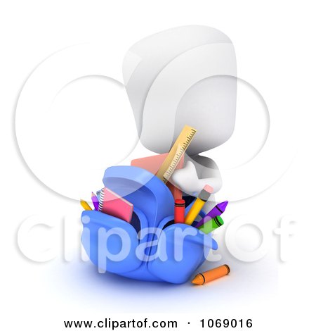 Clipart 3d Ivory School Boy Stuffing A Backpack - Royalty Free CGI Illustration by BNP Design Studio