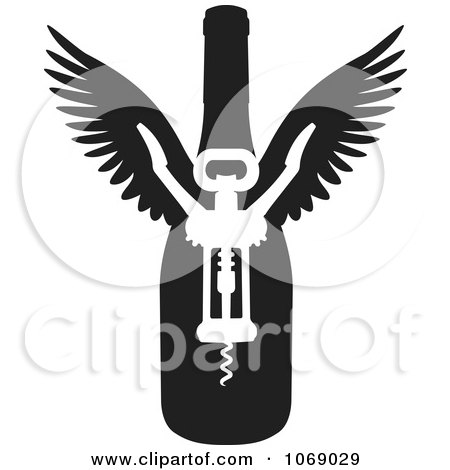 Clipart Black And White Winged Wine Bottle And Corkscrew - Royalty Free Vector Illustration by Any Vector
