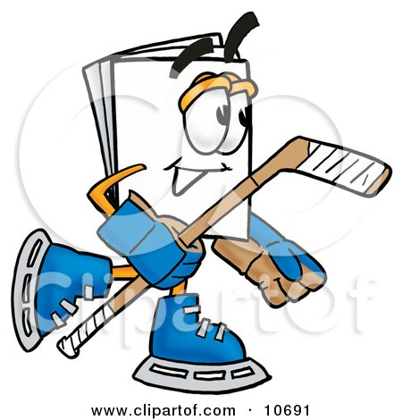 Clipart Picture of a Paper Mascot Cartoon Character Playing Ice Hockey by Mascot Junction