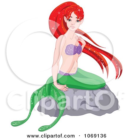 Clipart Stunning Red Haired Mermaid On A Rock - Royalty Free Vector Illustration by Pushkin