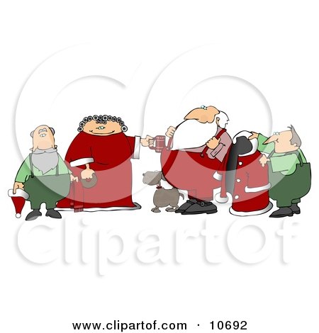 Helpers, Dog and the Mrs Helping Santa Claus Get Ready in the Morning Clipart Illustration by djart