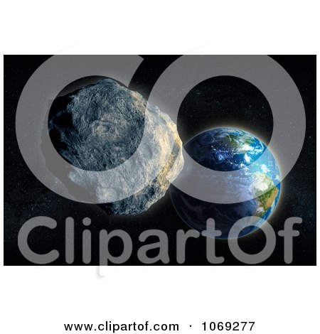 Clipart 3d Asteroid Approaching Planet Earth - Royalty Free CGI Illustration by Mopic