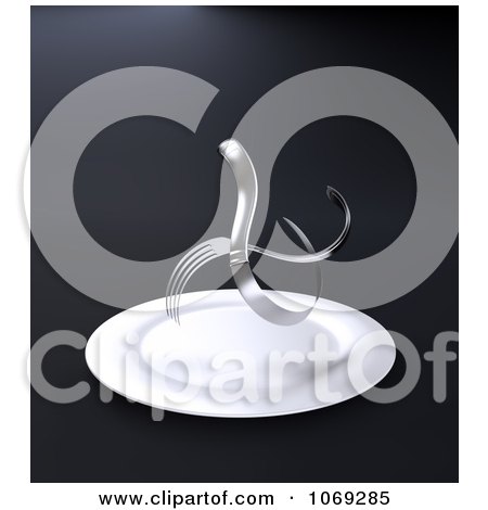 Clipart 3d Twisted Silverware Over An Empty Plate - Royalty Free CGI Illustration by Mopic