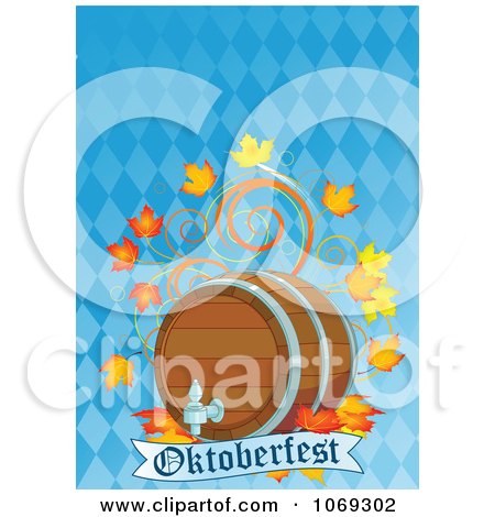 Clipart Beer Keg And Leaves Over An Oktoberfest Banner On Blue - Royalty Free Vector Illustration by Pushkin