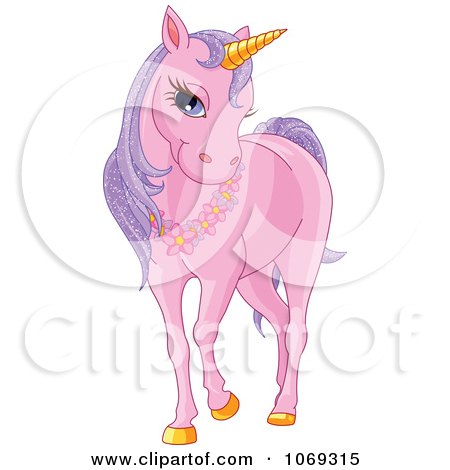 Clipart Pink Unicorn Wearing A Floral Necklace - Royalty Free Vector Illustration by Pushkin