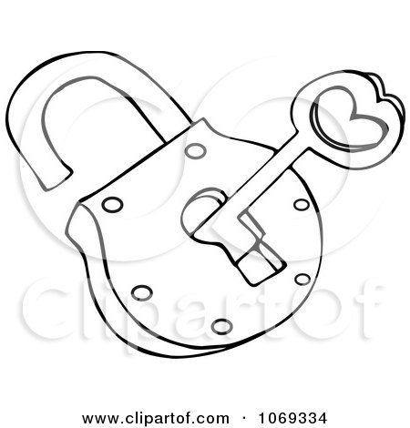 Clipart Outlined Skeleton Key And Padlock - Royalty Free Vector Illustration by djart