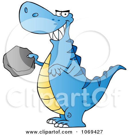 Clipart Blue Tyrannosaurus Rex Holding A Boulder - Royalty Free Vector Illustration by Hit Toon