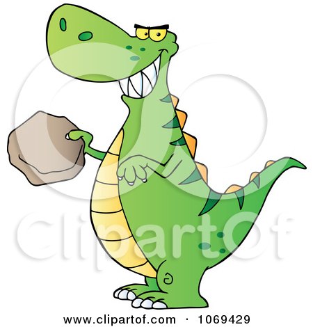 Clipart Green T Rex Holding A Boulder - Royalty Free Vector Illustration by Hit Toon