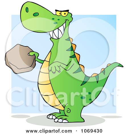 Clipart Green Tyrannosaurus Rex Holding A Boulder - Royalty Free Vector Illustration by Hit Toon
