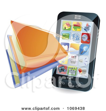 Clipart 3d Books Shooting Out Of A Smart Phone - Royalty Free Vector Illustration by AtStockIllustration