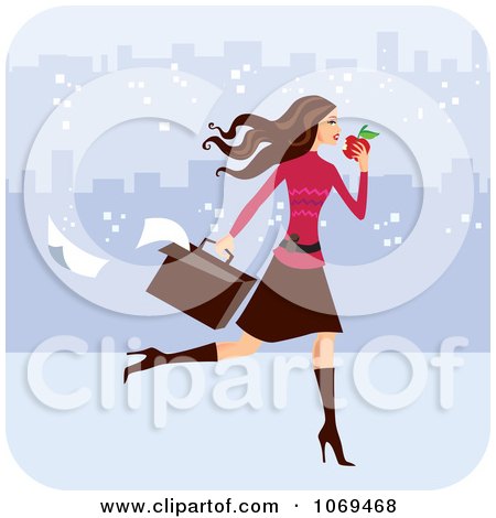 Clipart Brunette Woman Eating On Her Way To Work - Royalty Free Vector Illustration by Monica
