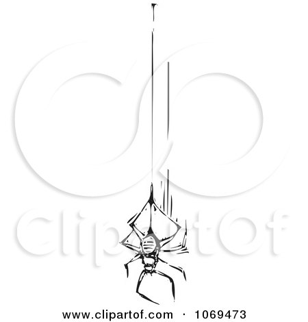 Clipart Woodcut Black And White Spider And String - Royalty Free Vector Illustration by xunantunich