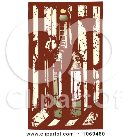Clipart Woodcut Grungy Red Wine Bottle And Stripes - Royalty Free Vector Illustration by xunantunich
