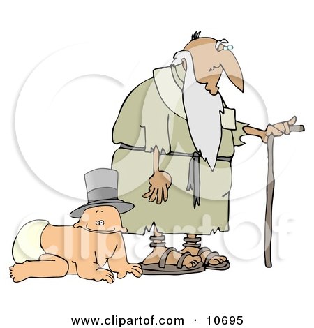 Baby Wearing a Hat and Crawling Alongside an Old Man With a Cane Clipart Illustration by djart