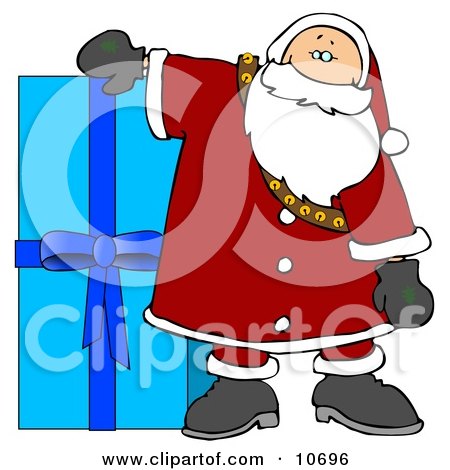 Santa Resting His Arm on a Giant Blue Christmas Present Clipart Illustration by djart