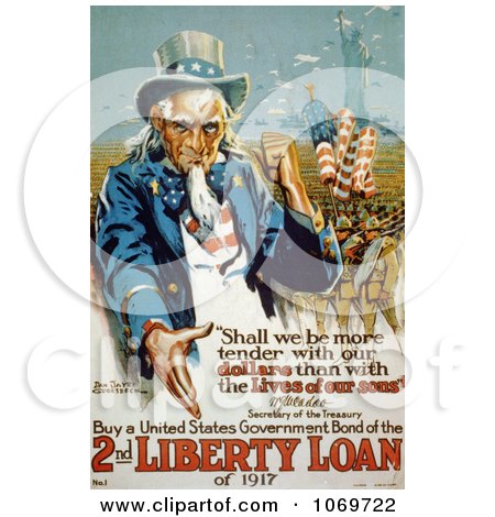 Clipart Of Uncle Sam, Buy A United States Government Bond Of The 2nd Liberty Loan Of 1917 - Royalty Free Historical Stock Illustration by JVPD