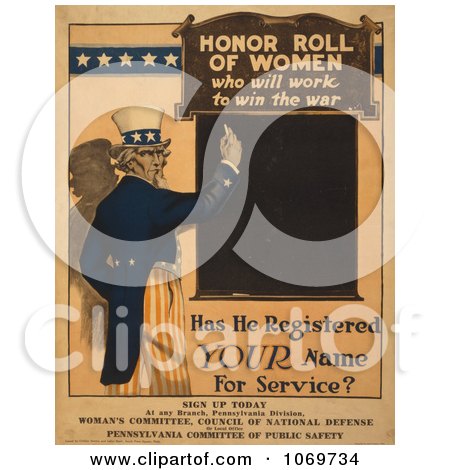 Clipart Of Uncle Sam Honor Roll Of Women - Who Will Work To Win The War - Royalty Free Historical Stock Illustration by JVPD