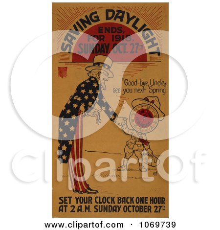 Clipart Of Uncle Sam - Saving Daylight Ends, For 1918 - Royalty Free Historical Stock Illustration by JVPD