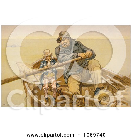 Clipart Of Uncle Sam and John Pierpont Morgan Rowing Boat - The Helping Hand - Royalty Free Historical Stock Illustration by JVPD