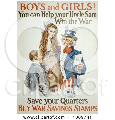 Clipart Of Uncle Sam - Boys And Girls You Can Help Win The War - Save Your Quarters - Buy War Savings Stamps - Royalty Free Historical Stock Illustration by JVPD