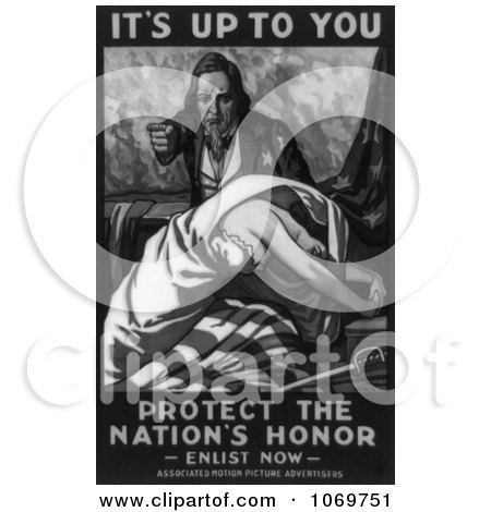 Clip Art Of Uncle Sam - Protect The Nation's Honor - Enlist Now - Royalty Free Black And White Historical Stock Illustration by JVPD
