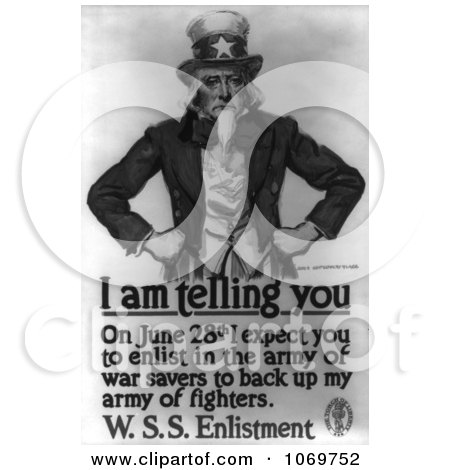 Clip Art Of Uncle Sam - I am Telling You To Enlist In The Army By June 28th - Royalty Free Black And White Historical Stock Illustration by JVPD