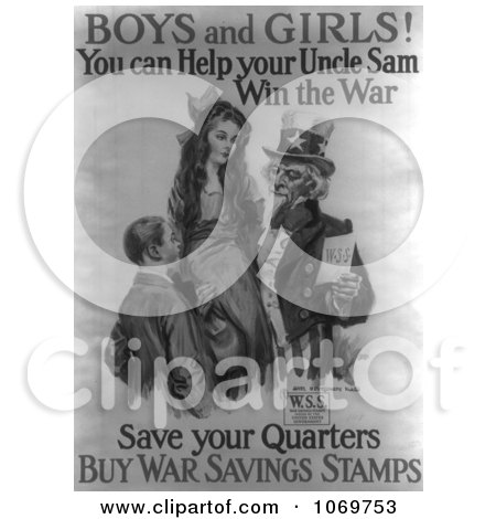 Clipart Of Boys And Girls! Help Uncle Sam Win The War By Saving Your Quarters - Royalty Free Historical Grayscale  Stock Illustration by JVPD