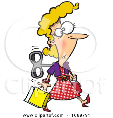 Clipart Wind Up Woman Shopping On Auto Pilot - Royalty Free Vector Illustration by toonaday