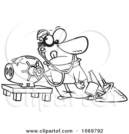 Clipart Outlined Robber Unlocking A Piggy Bank Vault - Royalty Free Vector Illustration by toonaday