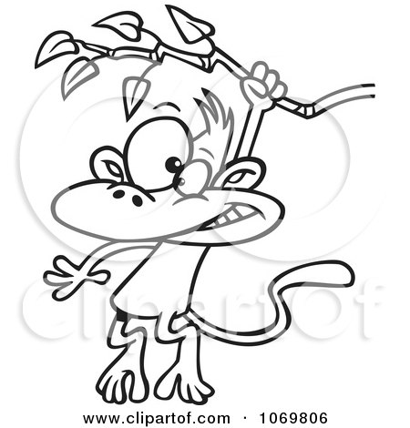 Clipart Outlined Monkey Swinging From A Branch - Royalty Free Vector Illustration by toonaday