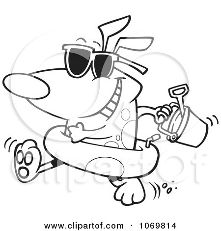 Clipart Outlined Beach Dog With An Inner Tube And Toys - Royalty Free Vector Illustration by toonaday