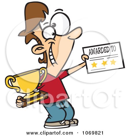Clipart Boy Holding A Trophy And Certificate - Royalty Free Vector Illustration by toonaday