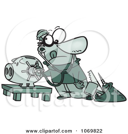 Clipart Robber Unlocking A Piggy Bank Vault - Royalty Free Vector Illustration by toonaday