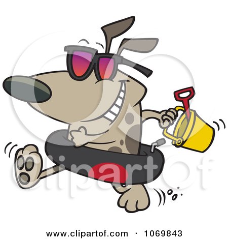 Clipart Beach Dog With An Inner Tube And Toys - Royalty Free Vector Illustration by toonaday
