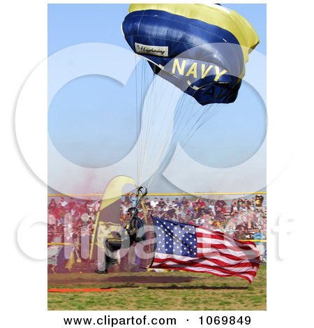 Photo of Navy Man Parachuting An American Flag On A Football Field For North Bullitt High School In Shepherdsville, Kentucky 2007 - Royalty Free Sports Stock Photography by JVPD