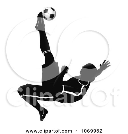 Clipart Silhouetted Soccer Player Catching Air To Kick A Ball - Royalty Free Vector Illustration by AtStockIllustration