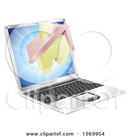 Clipart 3d Partly Home Emerging From A Laptop - Royalty Free Vector Illustration by AtStockIllustration