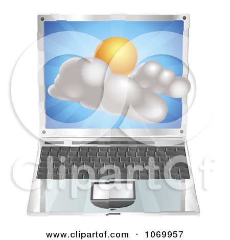 Clipart 3d Partly Sunny Icon Emerging From A Laptop - Royalty Free Vector Illustration by AtStockIllustration