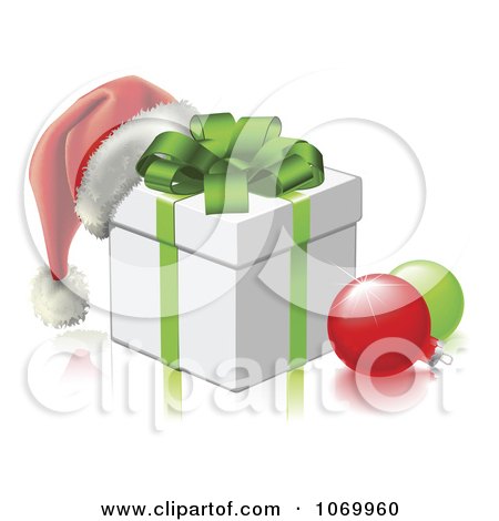 Clipart 3d Santa Hat On A Gift Box With Baubles - Royalty Free Vector Illustration by AtStockIllustration