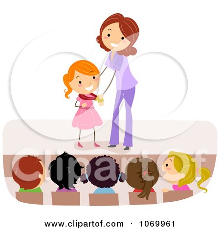 Clipart Teacher Giving A Stick Student A Medal - Royalty Free Vector Illustration by BNP Design Studio