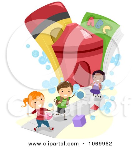 Clipart Diverse Stick Students Running To A School - Royalty Free Vector Illustration by BNP Design Studio