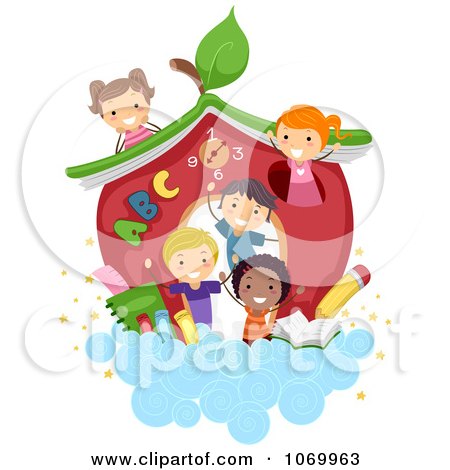 Clipart Diverse Stick Students By A School House In The Clouds - Royalty Free Vector Illustration by BNP Design Studio