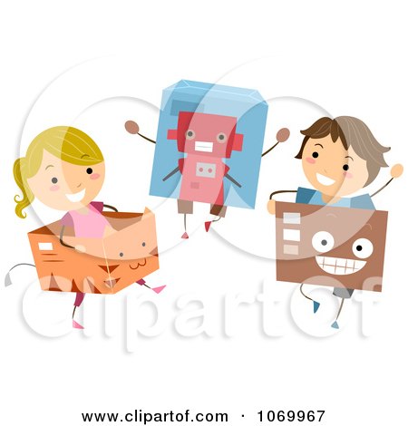 Clipart Stick Kids Playing In Cat Robot And Face Boxes - Royalty Free Vector Illustration by BNP Design Studio