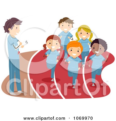 Clipart Coach Watching Diverse Stick Students Run Track - Royalty Free Vector Illustration by BNP Design Studio