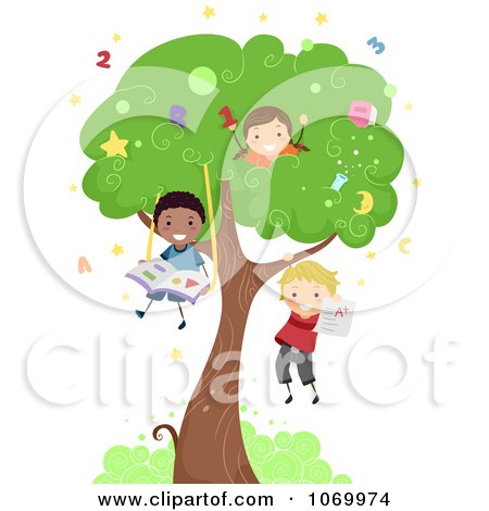 Clipart Diverse Stick Students Playing In A Tree - Royalty Free Vector Illustration by BNP Design Studio