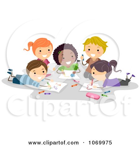 Clipart Diverse Stick Students Coloring Together - Royalty Free Vector Illustration by BNP Design Studio